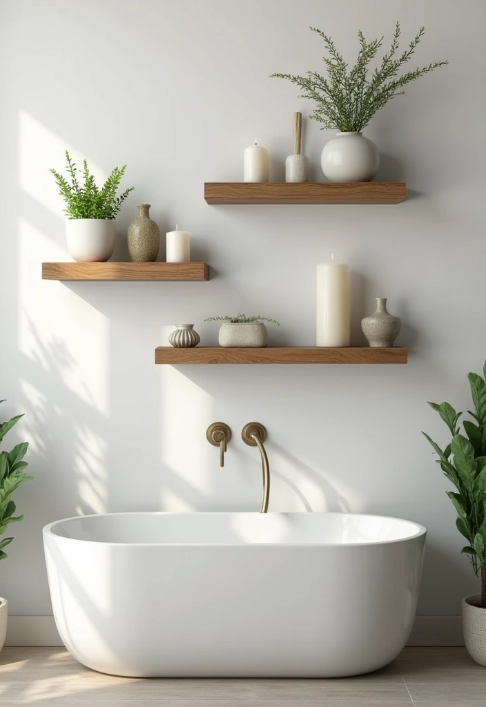 white floating shelves with plants and candles