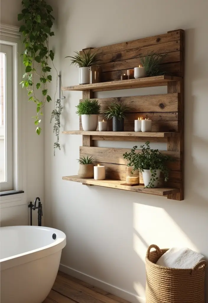 rustic wooden pallet shelf with towels and candles