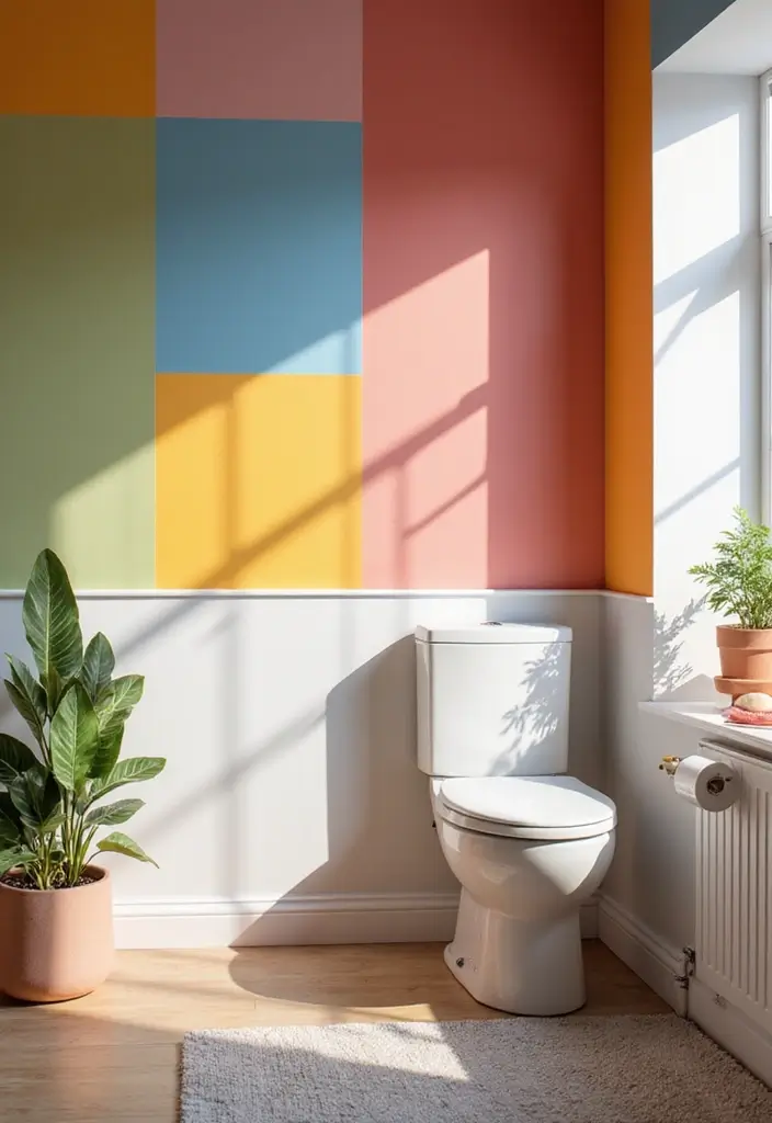 bathroom with teal and white color block painted wall