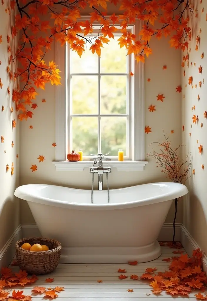 bathroom shelf with fall pumpkins and eucalyptus