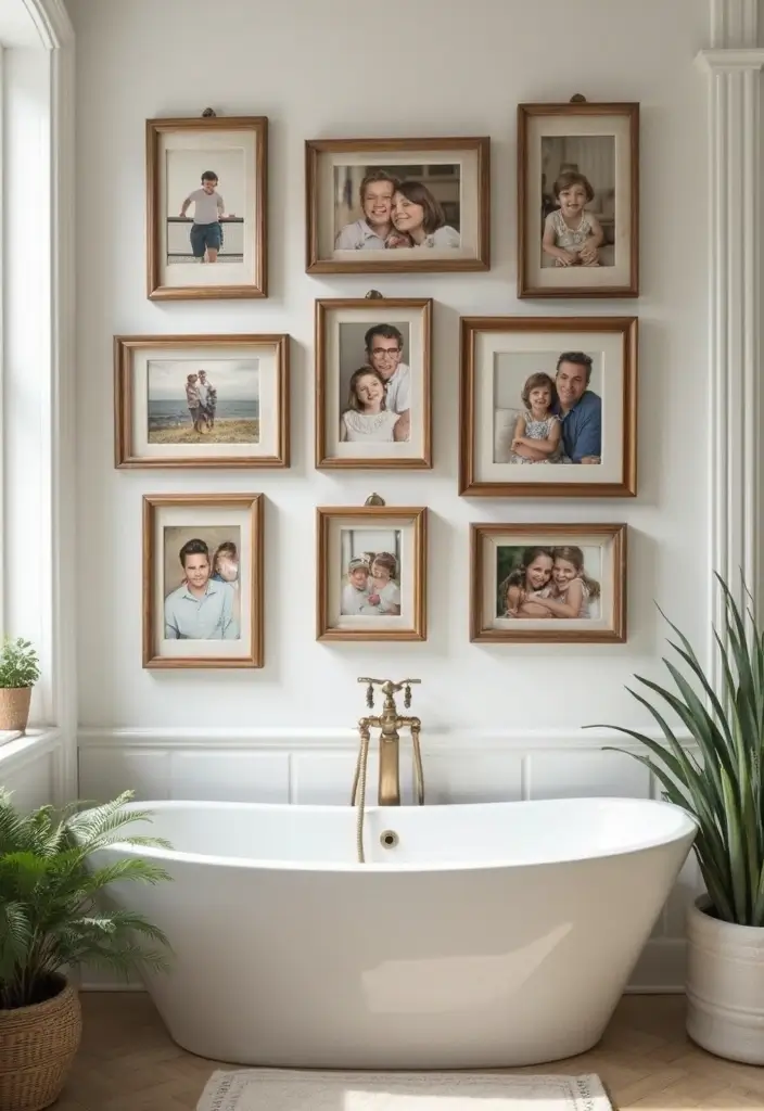 black and white family photos in white frames on bathroom wall
