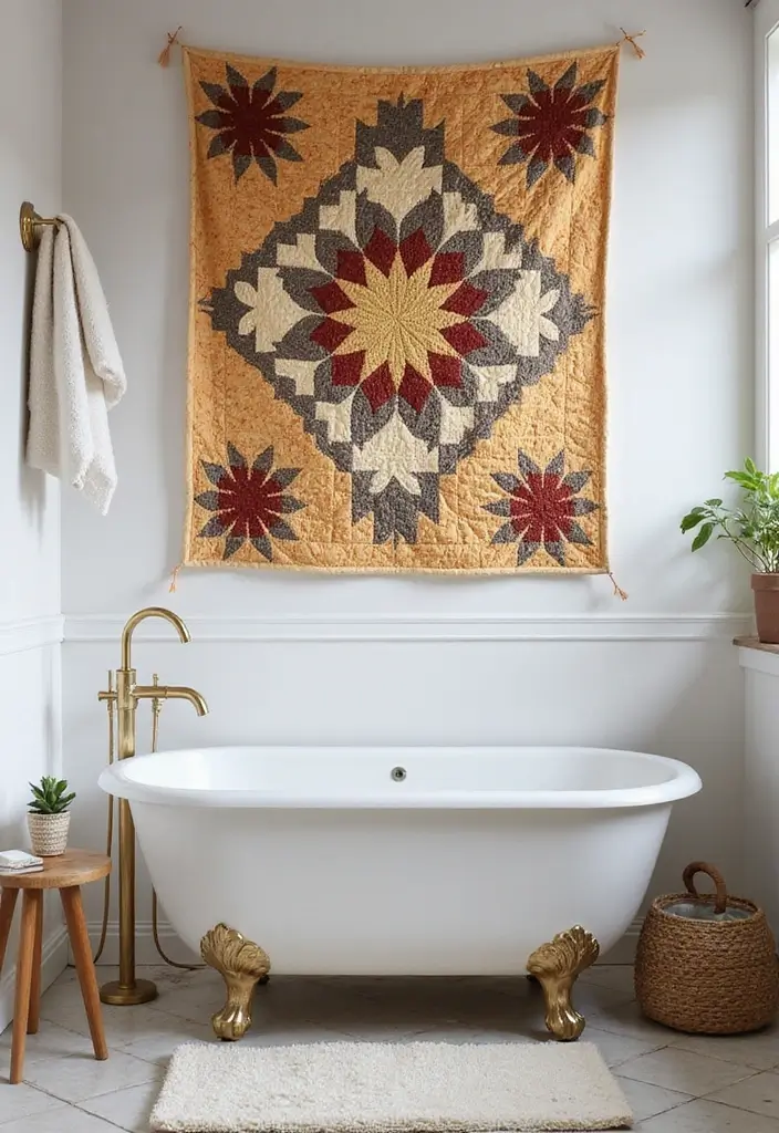 patchwork quilt hanging as wall art in bathroom