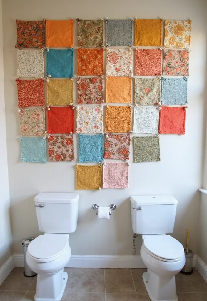 boho fabric wall hanging above bathtub