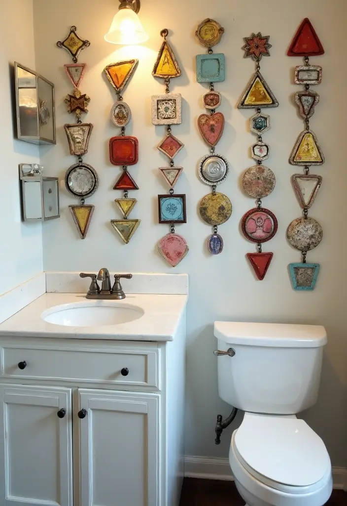 colorful painted tin flowers on bathroom wall