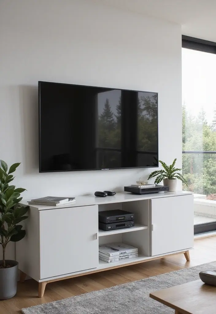minimalist media console with tv and shelves