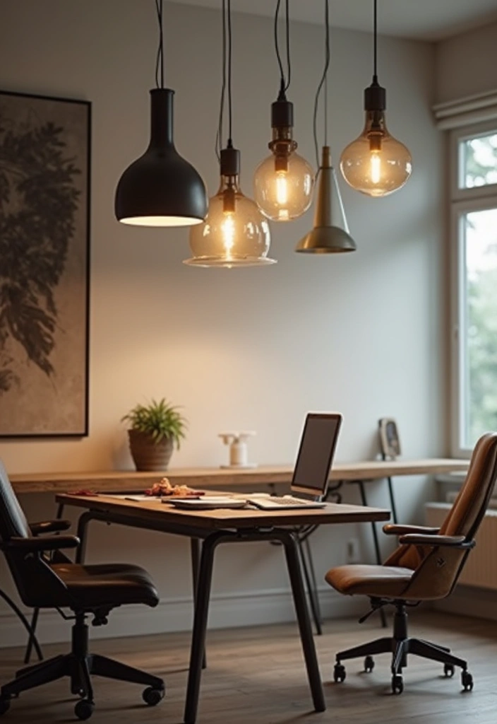 pendant light hanging over home office desk