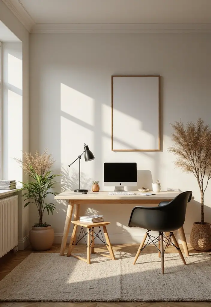 wood and plant based lighting in home office