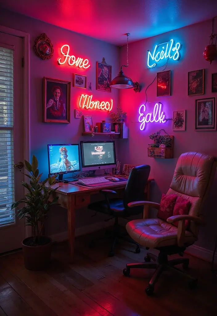 neon sign wall decor in home office