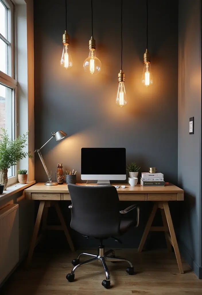 decorative exposed lightbulbs in home office