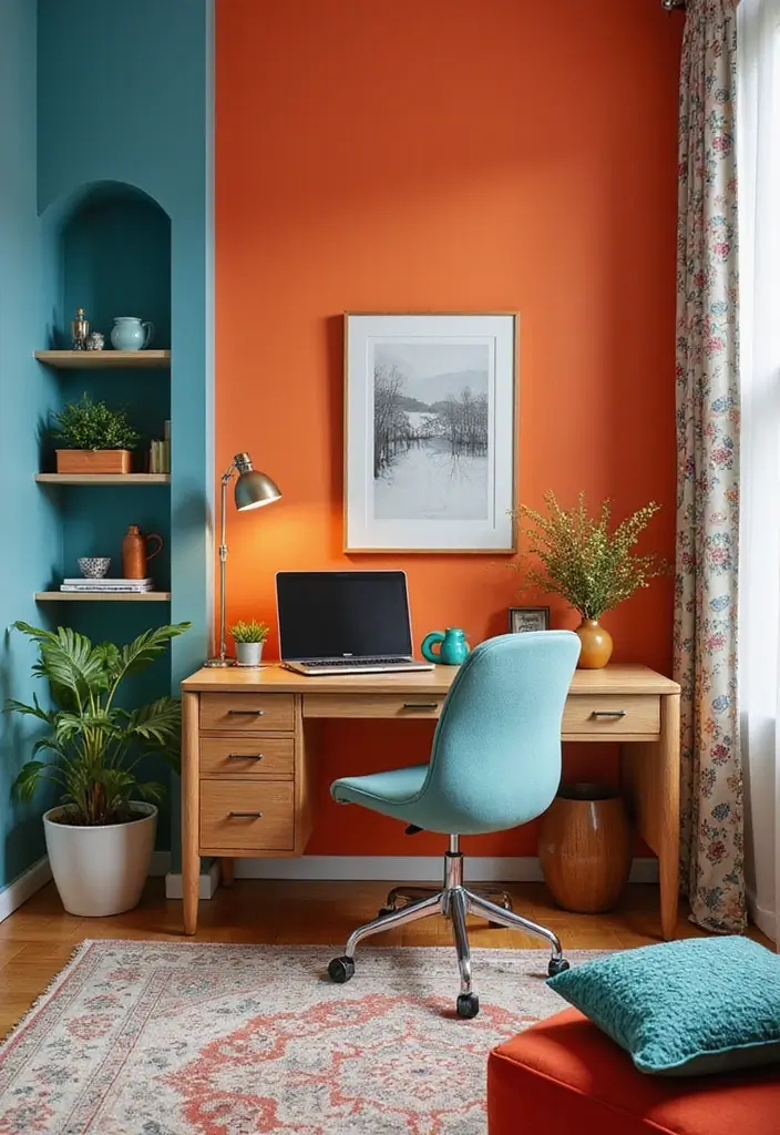 home office with bold color accent wall and decor