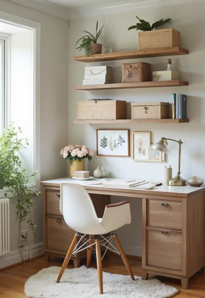 stylish storage shelves and boxes in home office
