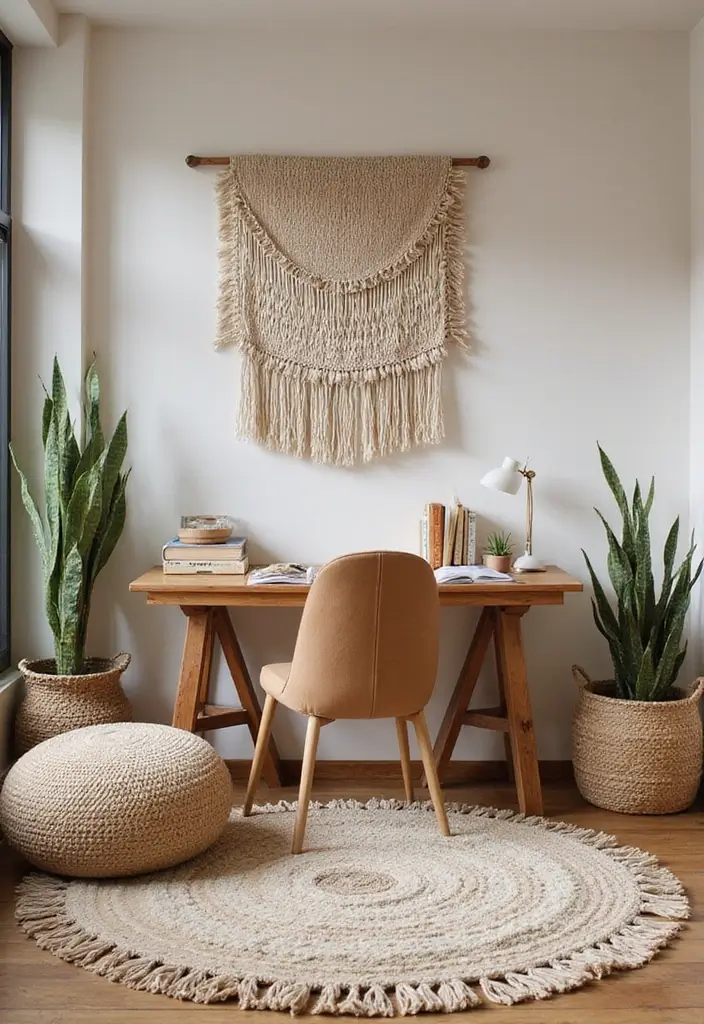 home office with rugs pillows and textured decor