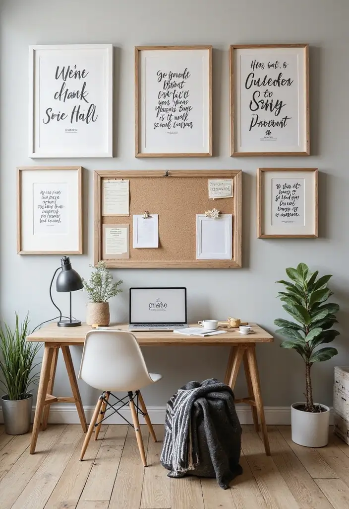 home office wall with framed inspirational quotes