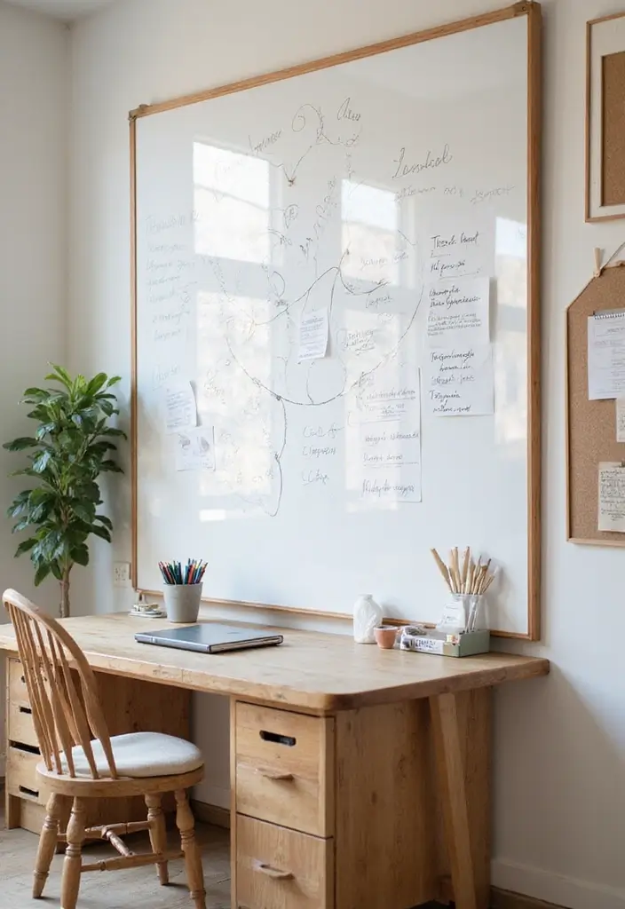 interactive corkboard and whiteboard in home office