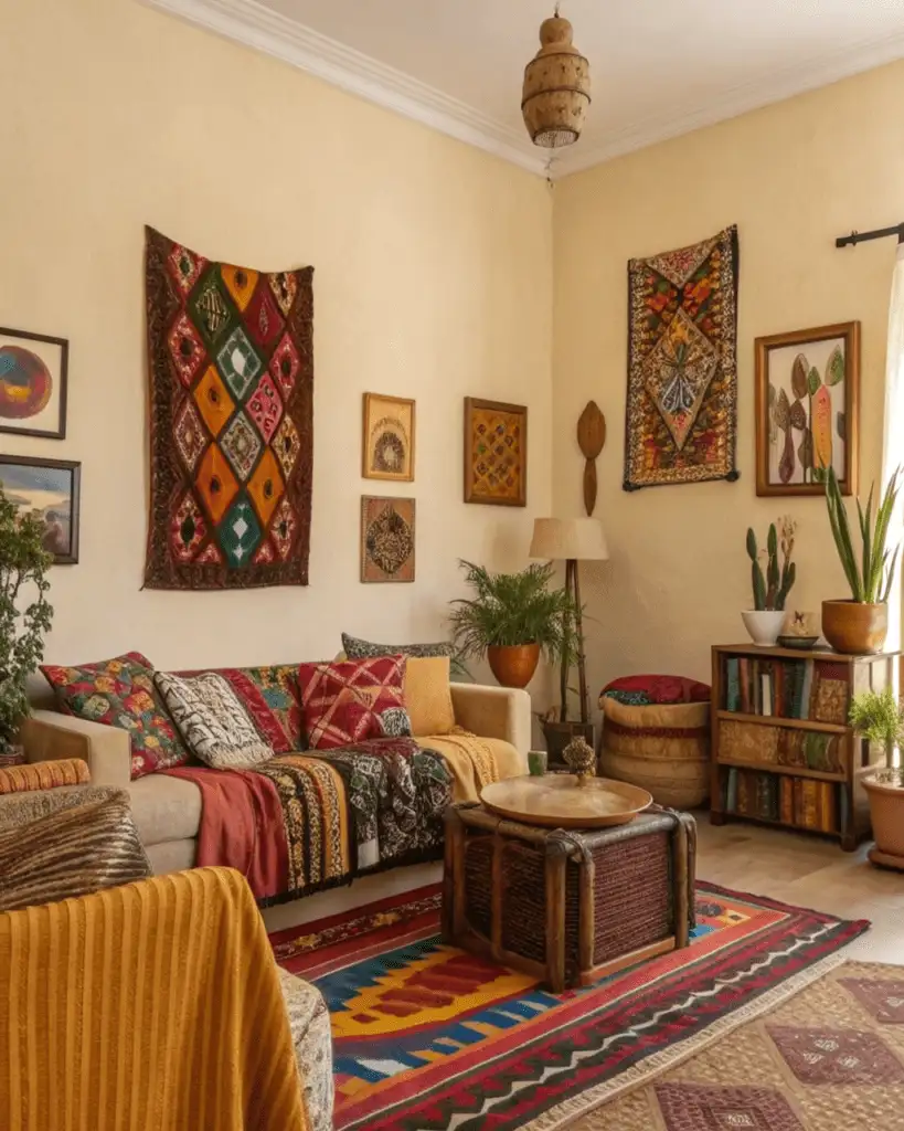 Warm neutral walls in Afrobohemian room