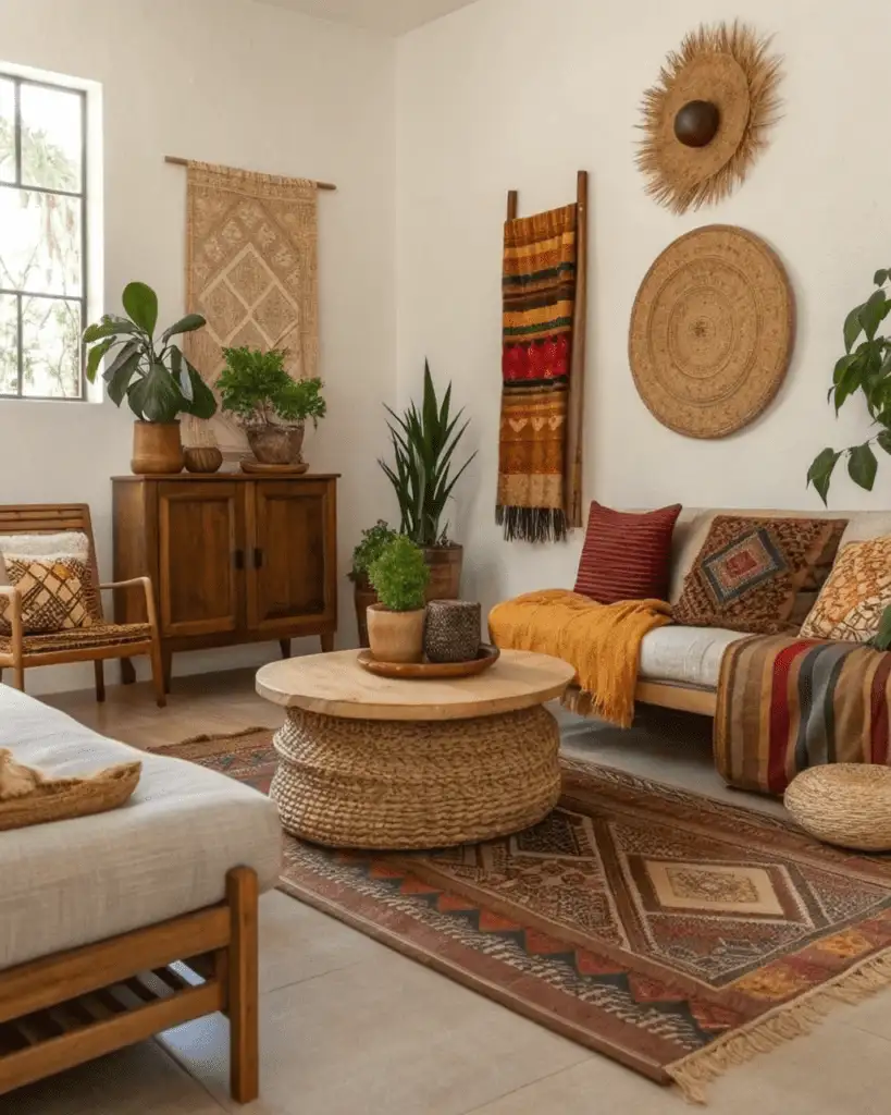 Low furniture in Afrobohemian room