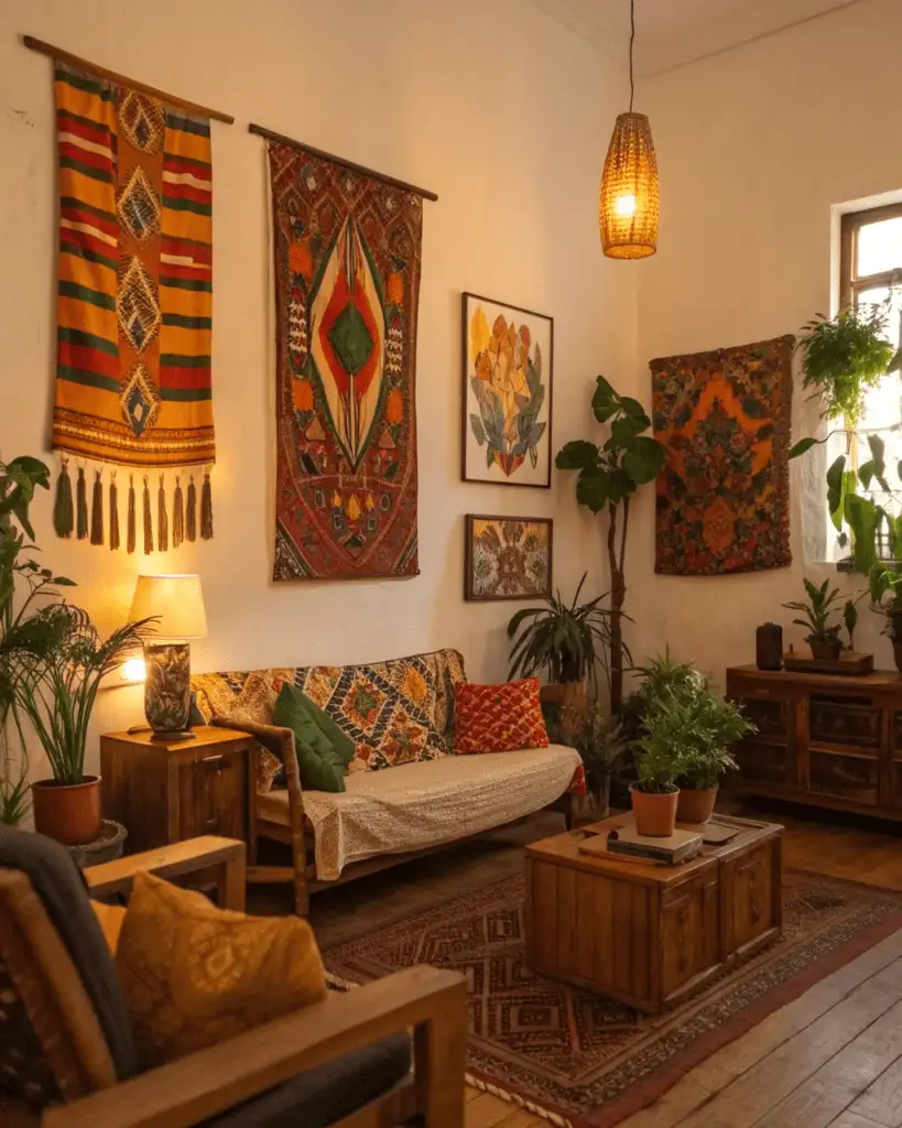 Warm spotlighting on Afrobohemian wall art