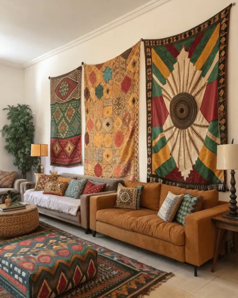 Textile art as a backdrop behind bed