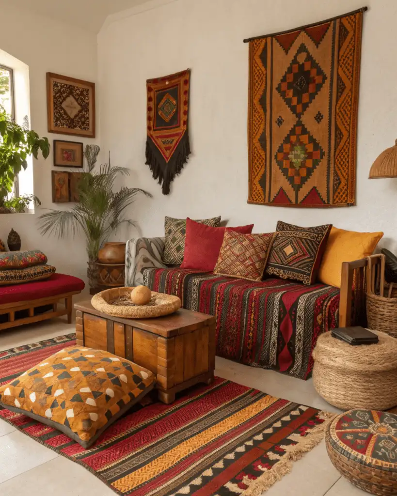Cushions and rugs echoing art colors