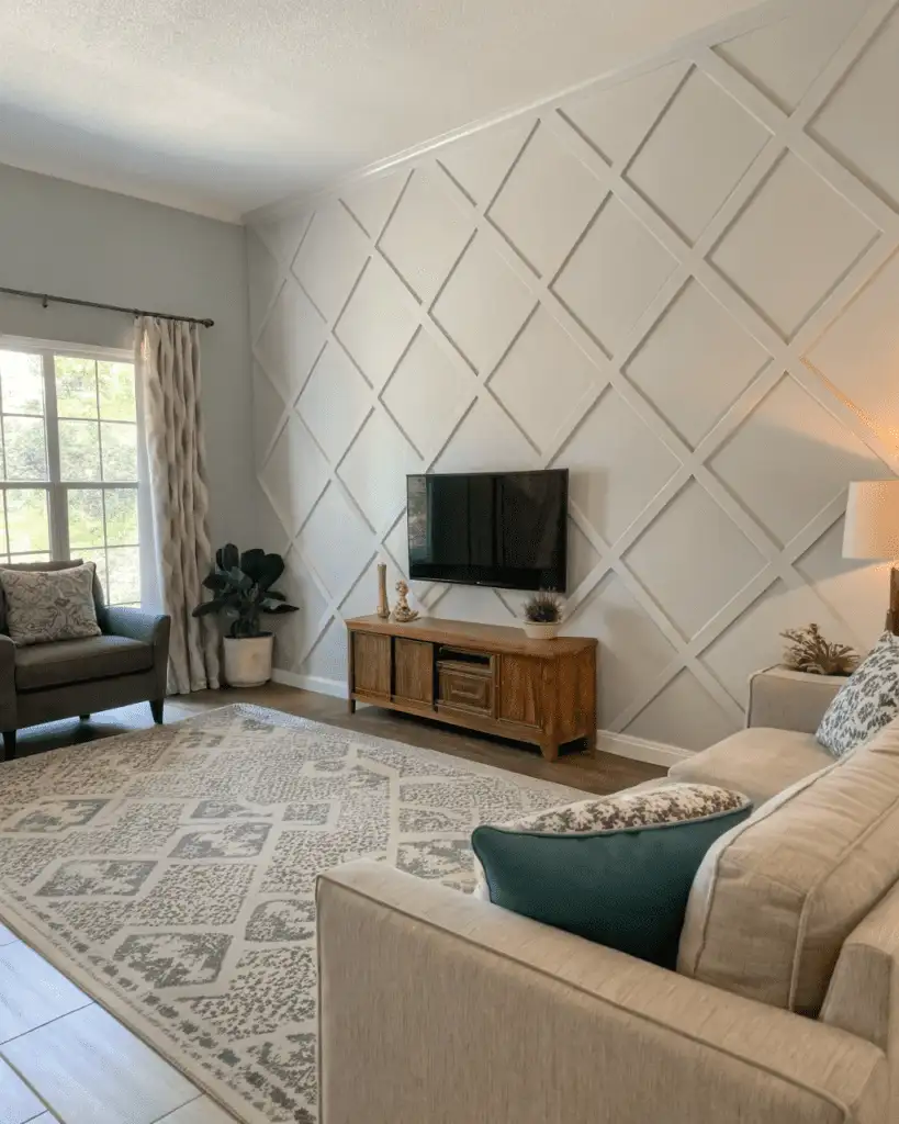 Temporary peel-and-stick panels on accent wall