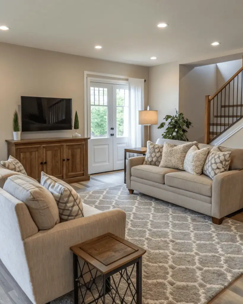 Statement sofa and media console as anchors