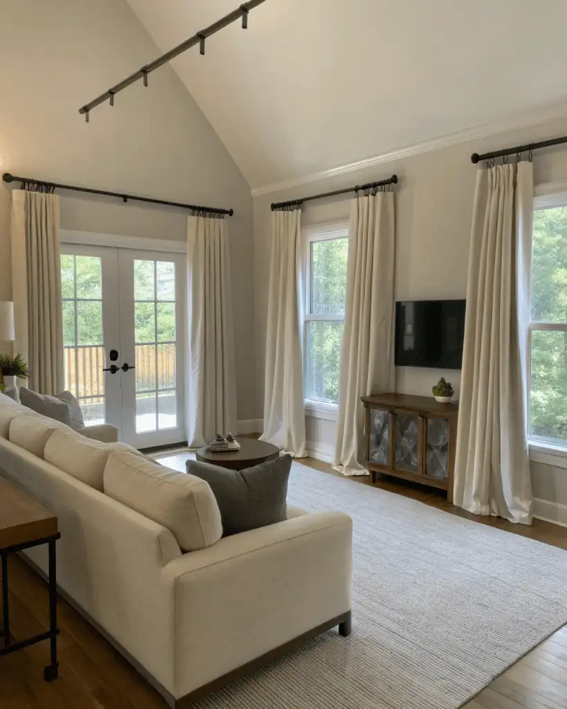 Curtains hung high on tension rods