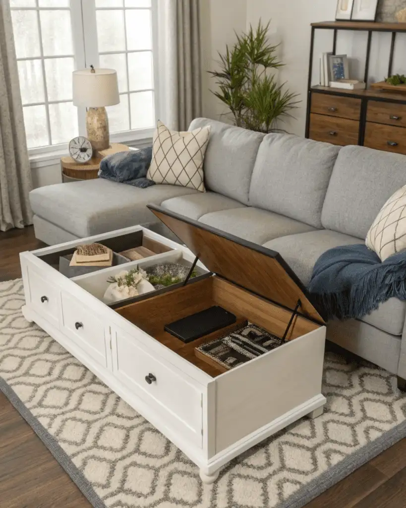 Storage ottomans and shelves