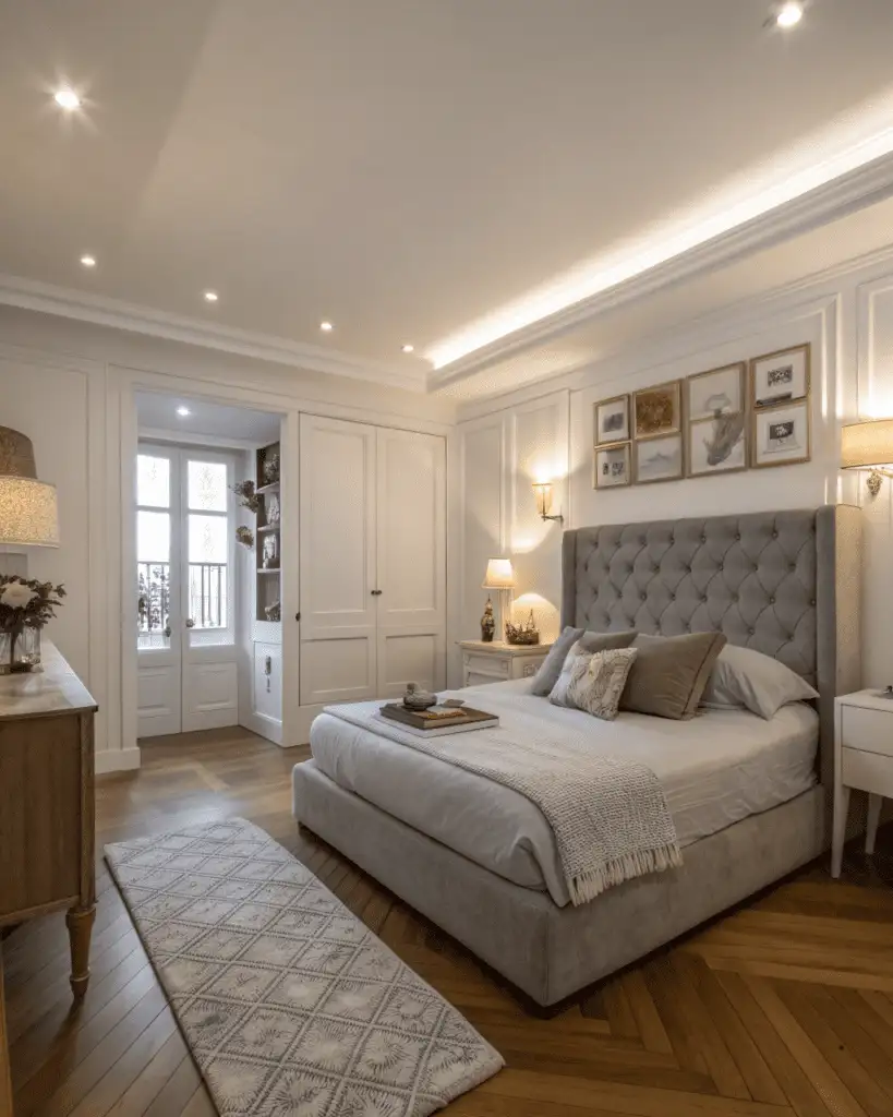 Soft layered lighting in bedroom