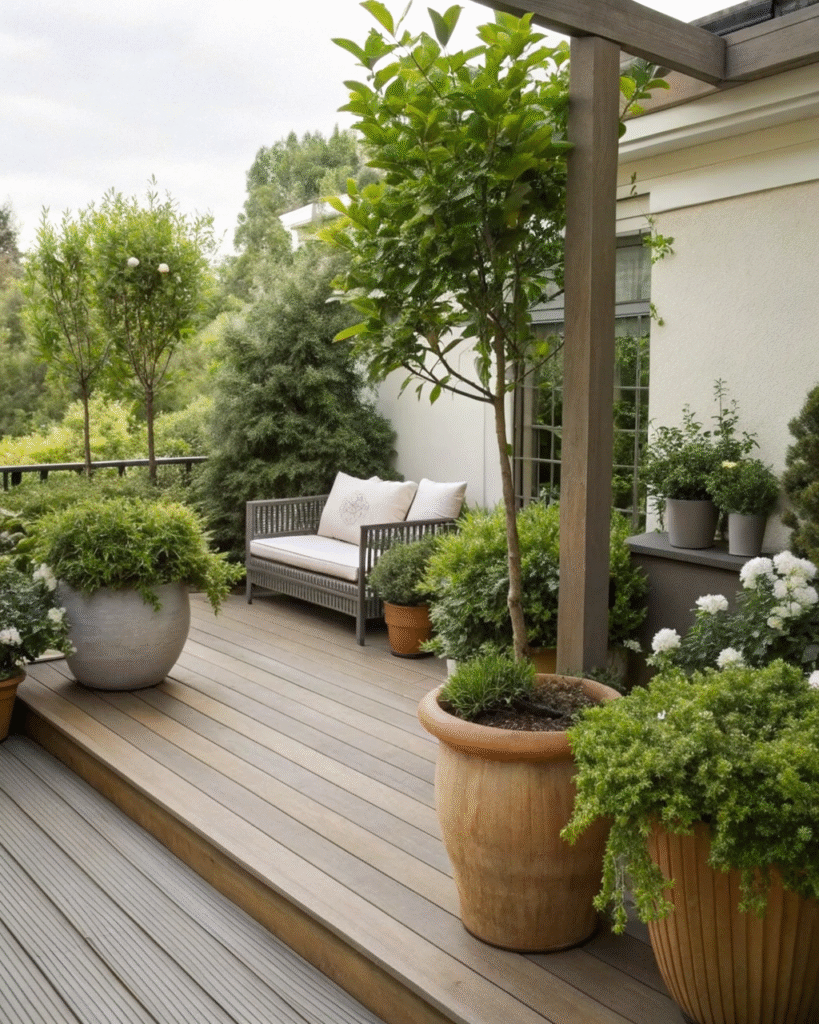 Deck corners adorned with potted plants