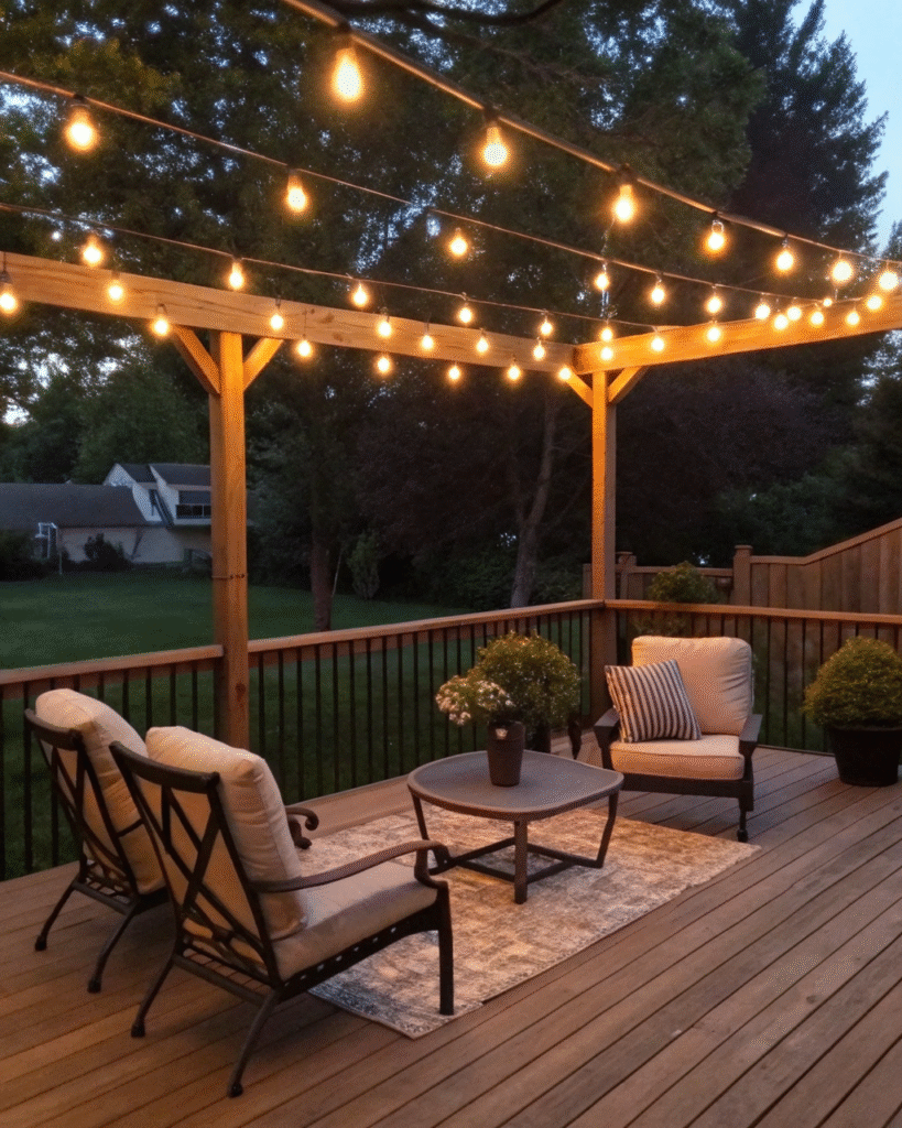 String lights illuminating deck at night
