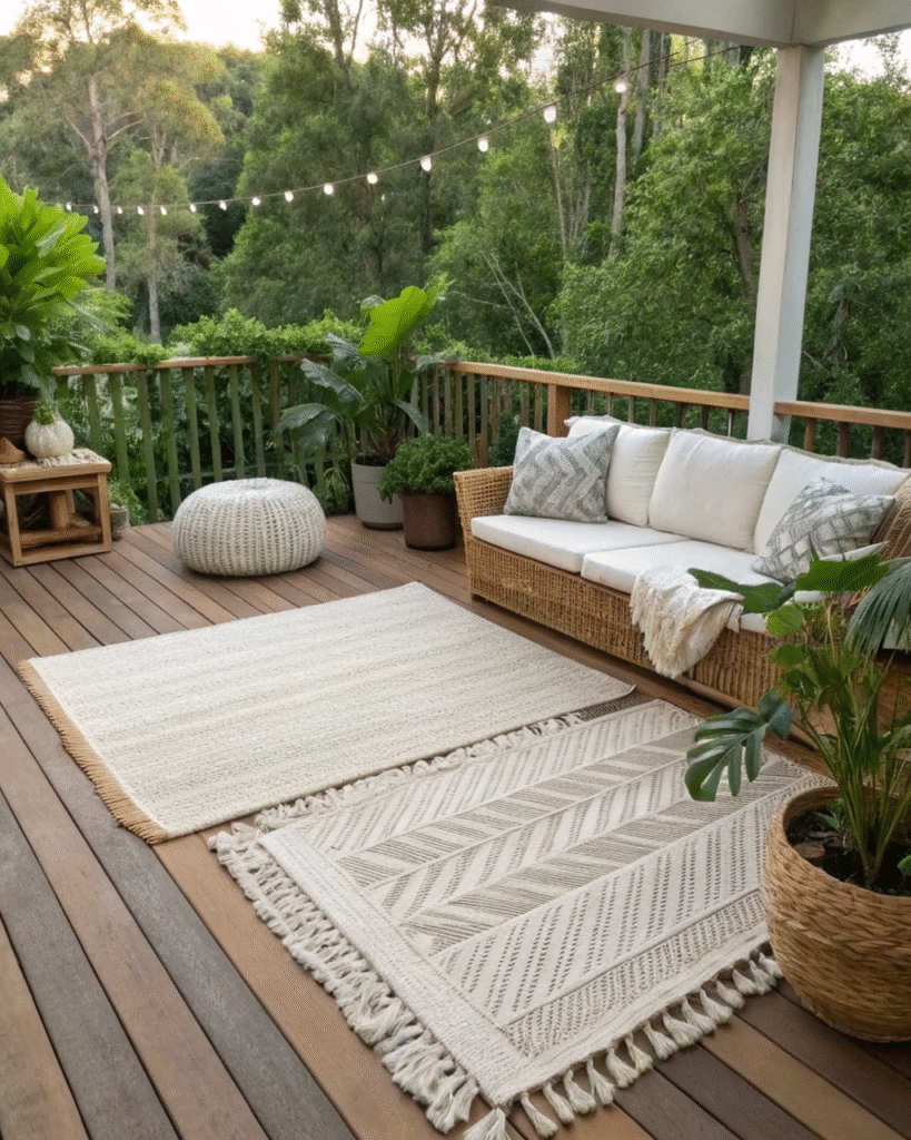 Layered outdoor rugs on deck