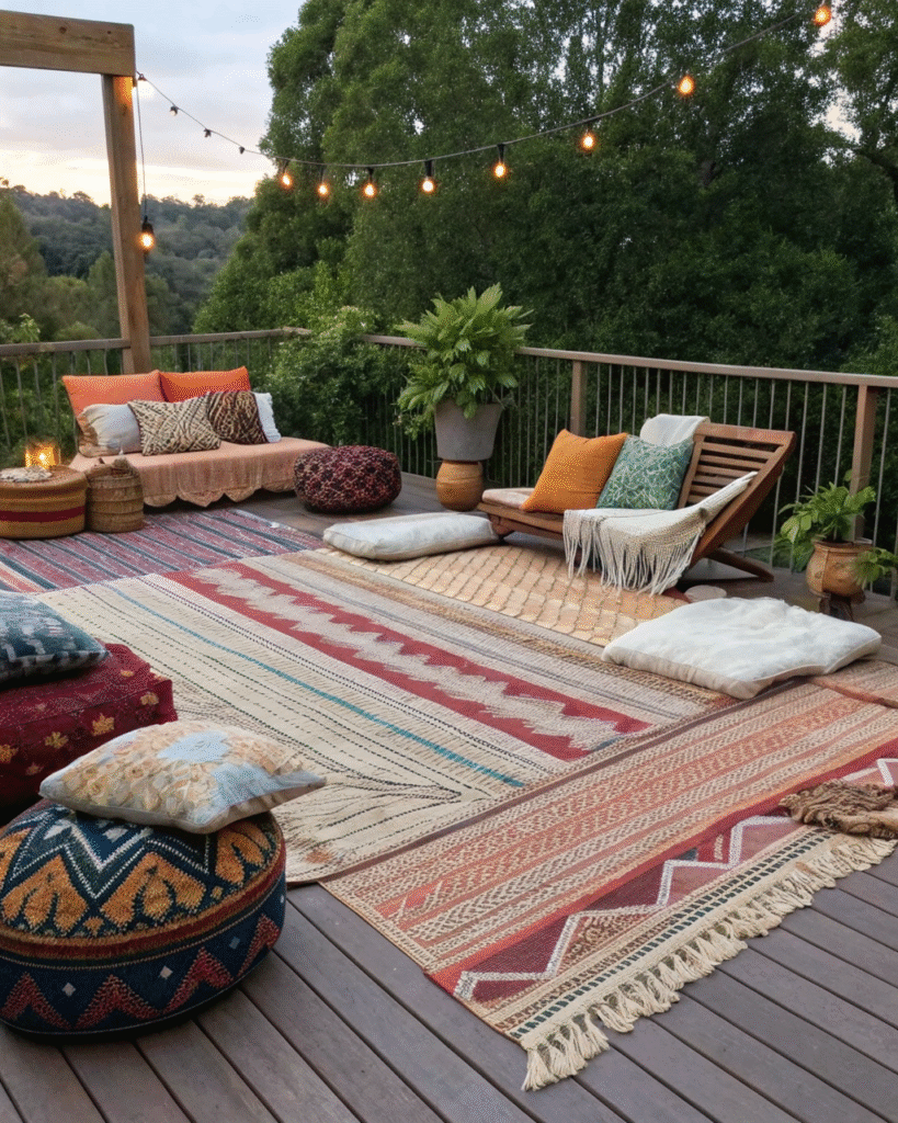 Layered cushions and rugs with boho style