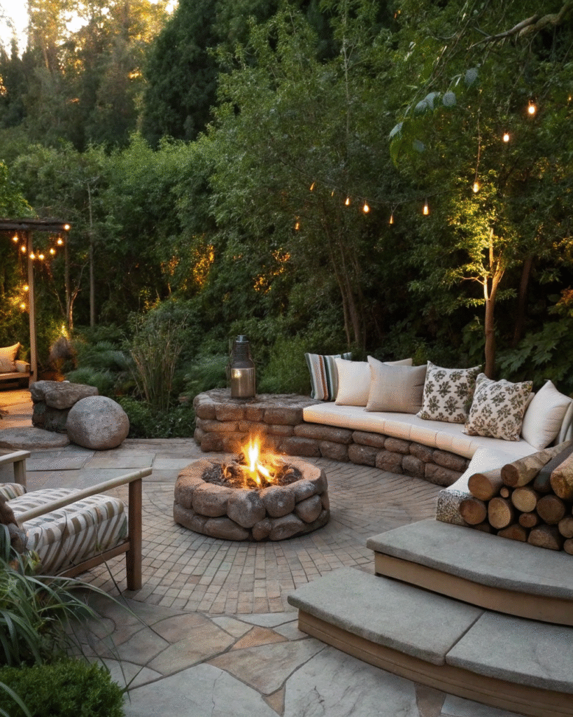 Fire pit on the deck surrounded by seating