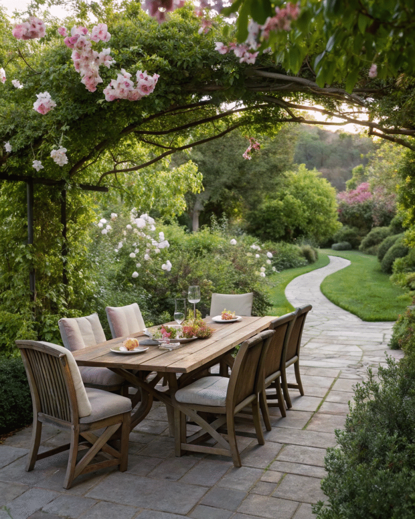 Outdoor dining setup with table and chairs