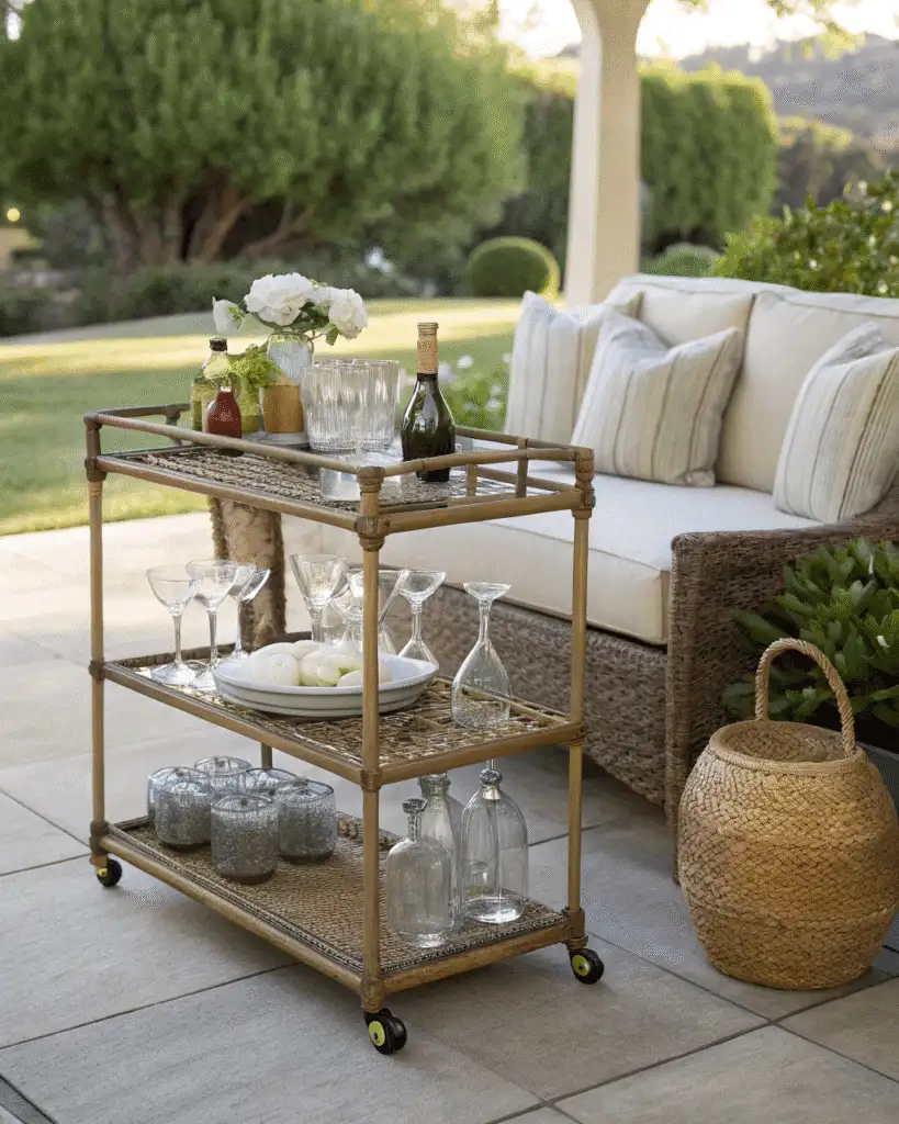 Outdoor bar cart decorated with herbs and glasses