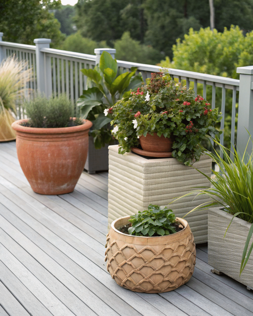 Varied textured planters on deck