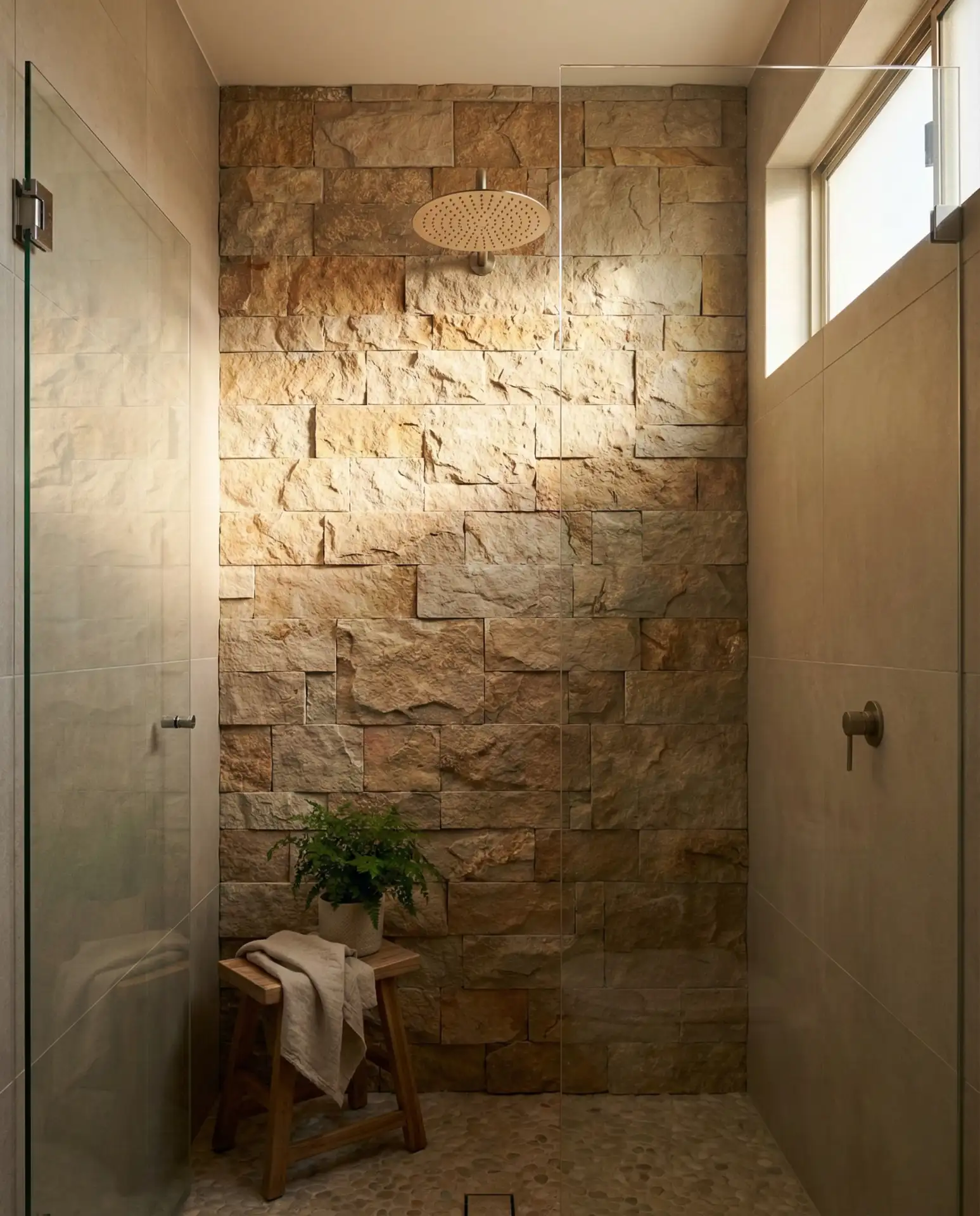 Walk-In Shower with Natural Stone Accent Wall