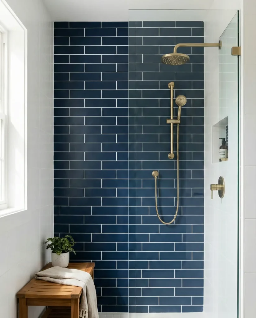 Walk-In Shower with Navy Blue Wall