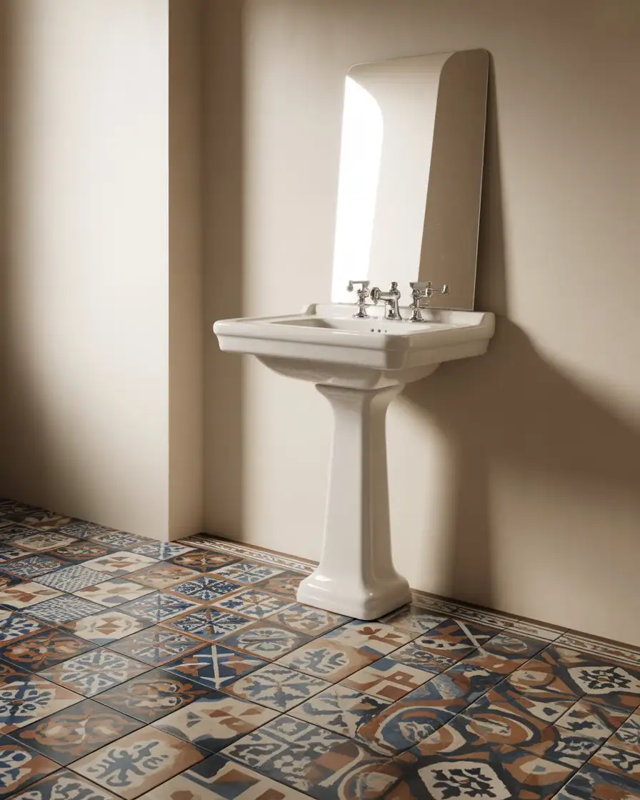 Patterned Cement Tiles in Bathroom Floor
