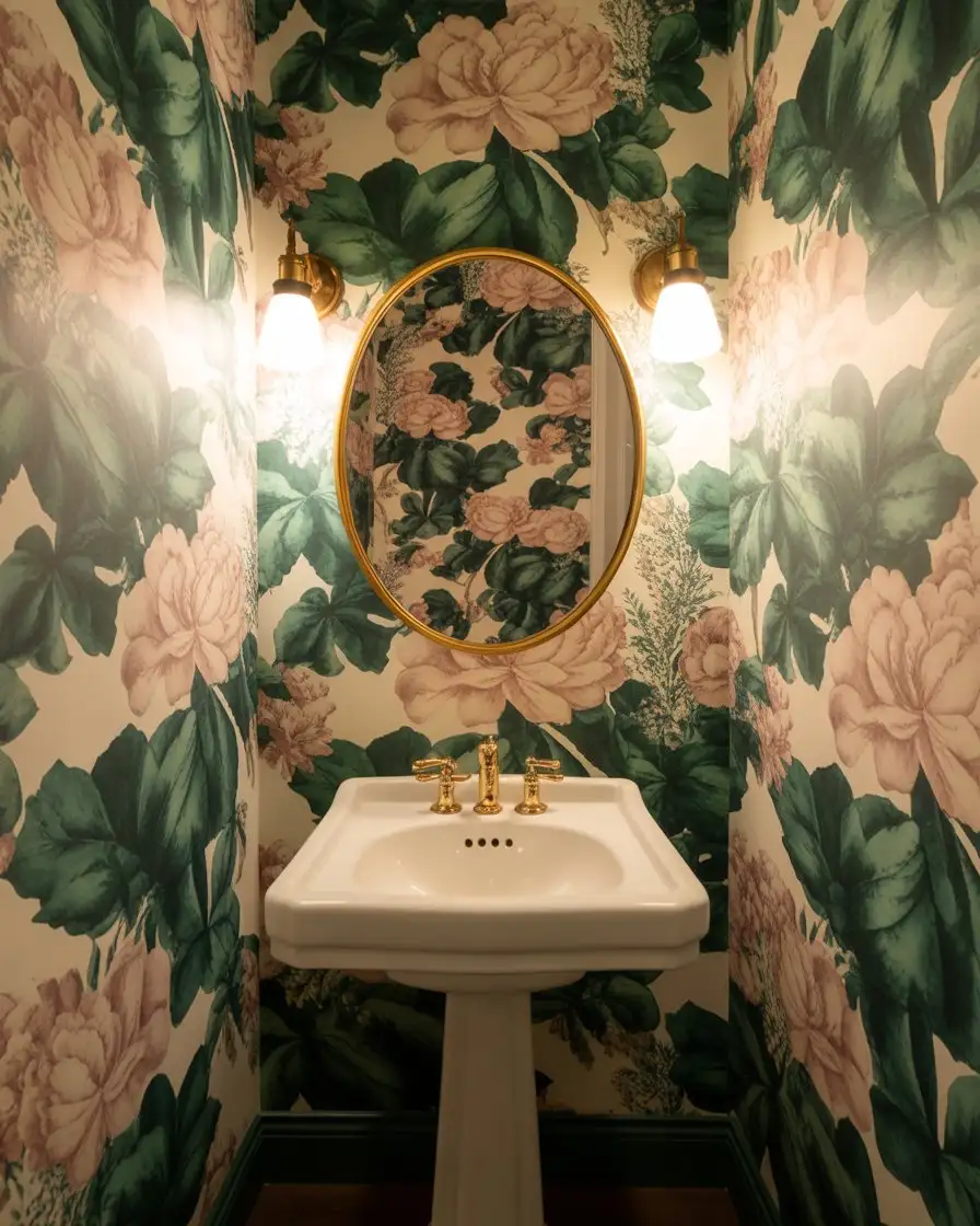 Vibrant Patterned Wallpaper in Powder Room