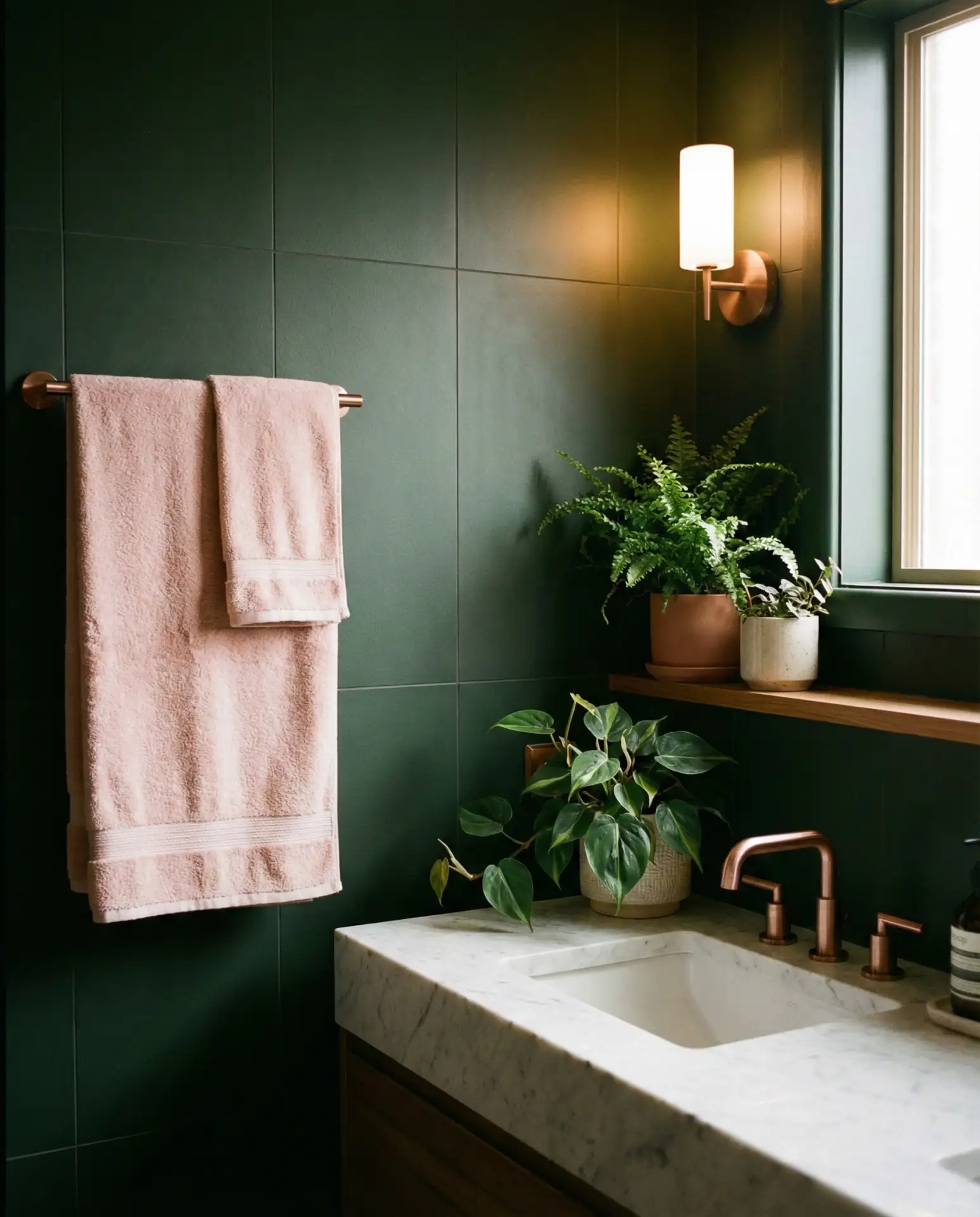 Dark Green Matte Tiles with Pink Accents 1