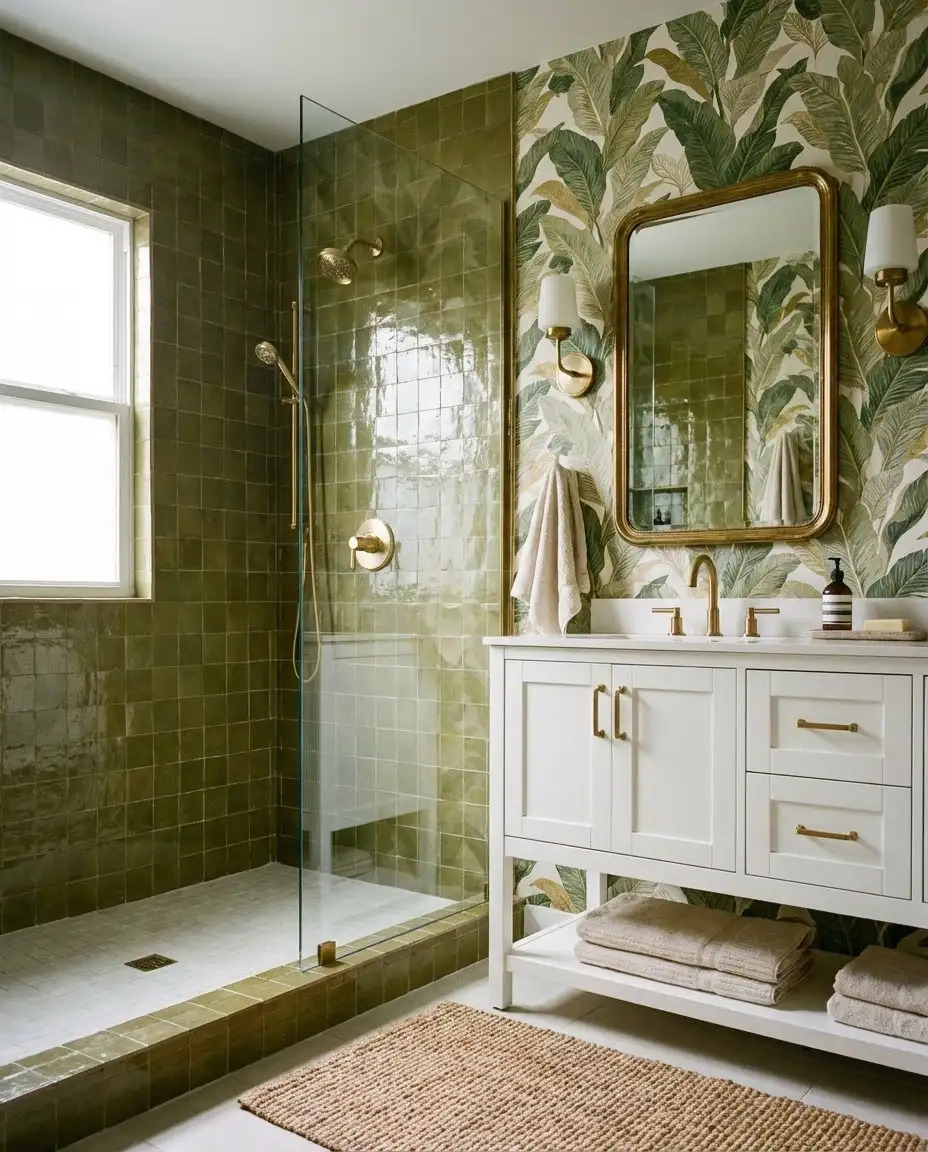 Green Zellige Tiles with Wallpaper Combination 1