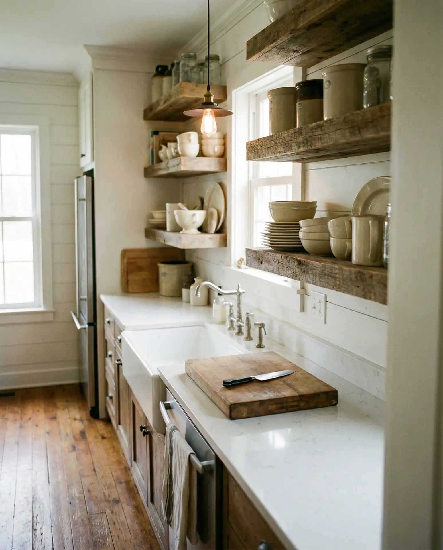 Rustic Farmhouse Charm with Salvaged Wood Open Shelves