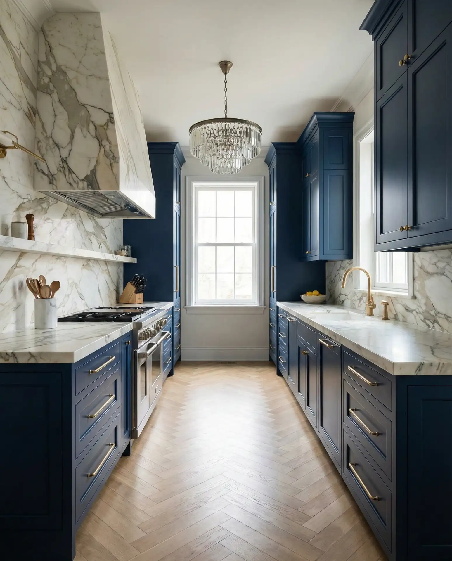 Opulent Marble-Backed Galley Kitchens