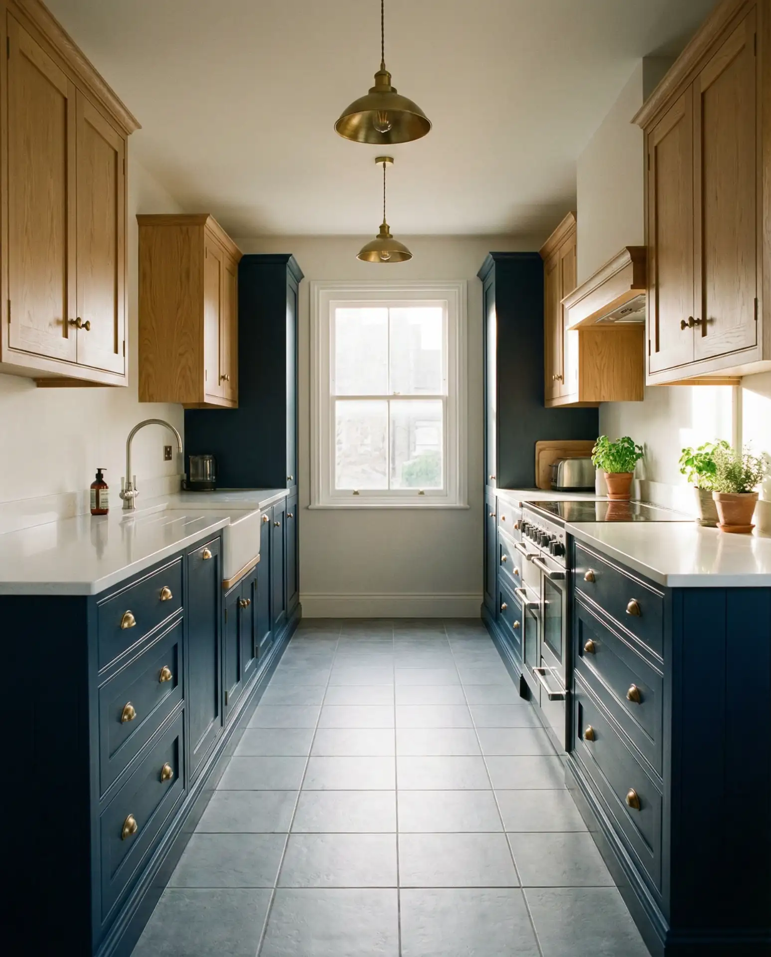 Two-Tone Double Galley Cabinets for Visual Depth