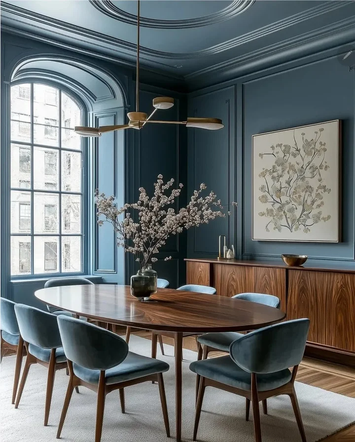 dining room with navy walls