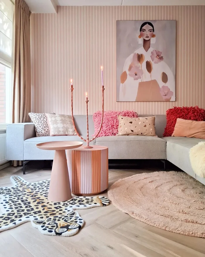 grey and pink living room decor