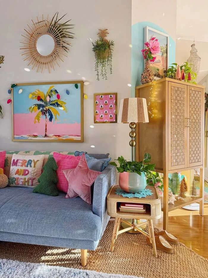 grey and pink living room decor