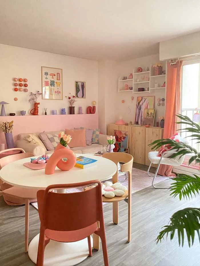 grey and pink living room decor