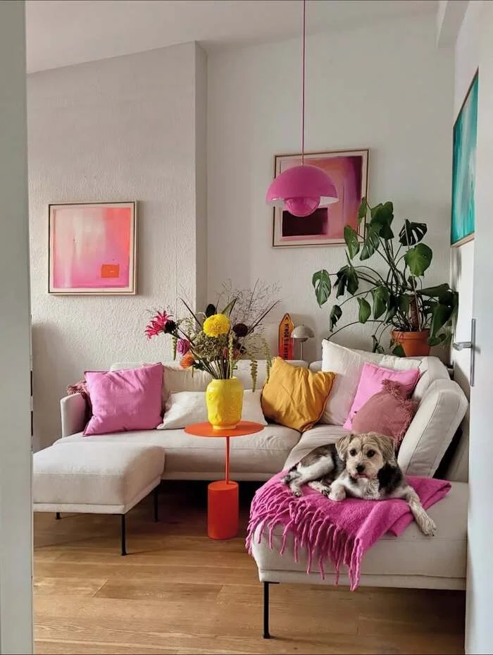 grey and pink living room decor